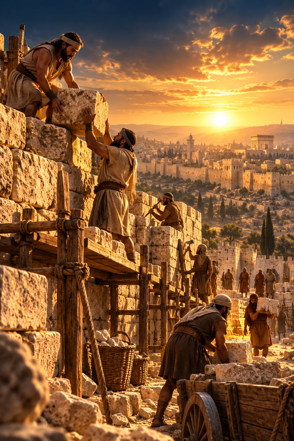 Trabalhadores reconstruindo os muros de Jerusalém ao pôr do sol